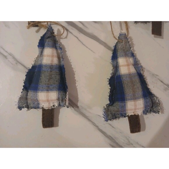 Christmas Ornament  Primitive Handmade Gift Country Cottage Plaid Tree- Set of 5 - Picture 3 of 3
